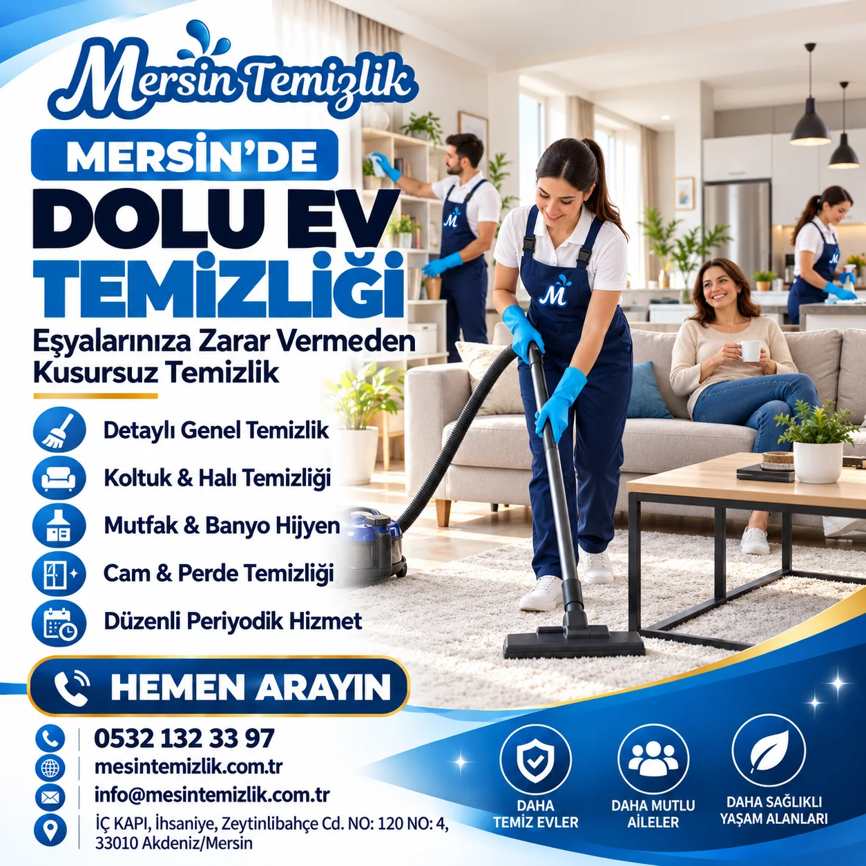 Mersin’de mobilyalı evin salonunda detaylı temizlik yapan Mersin Temizlik ekibi