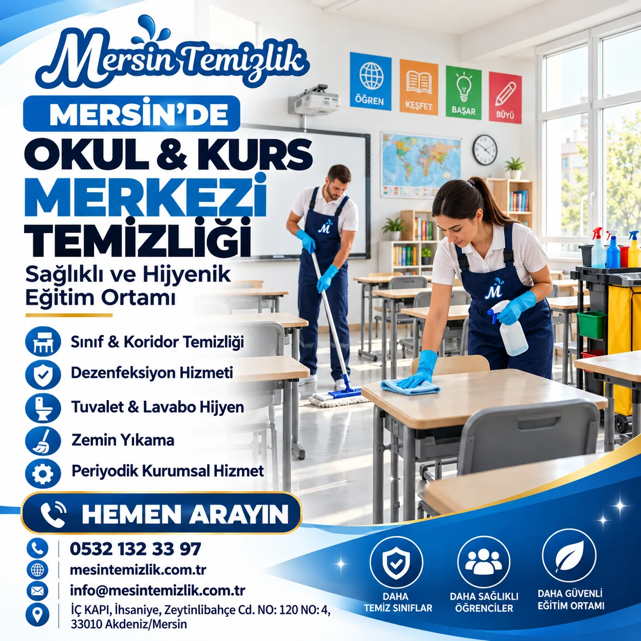 Mersin’de sınıfta sıra ve zemin temizliği yapan Mersin Temizlik personeli