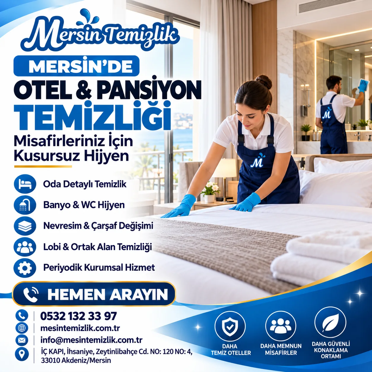Mersin’de otel odasında yatak ve banyo temizliği yapan personel